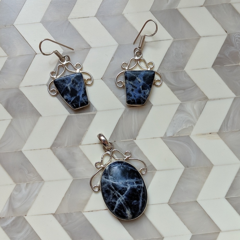 Sodalite & Sterling Silver Pendant & Earring Set